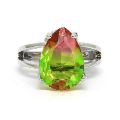 Anel Pedra Rainbow Gota - Prata - Rosa e Verde - ARO 25