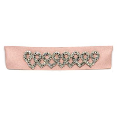 Choker de Cetim Rose com Corações Prata de Strass