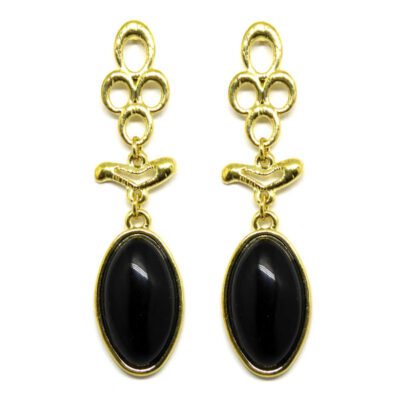 Brinco Dourado com Chaton Oval Preto