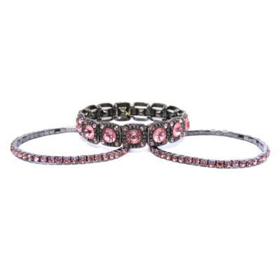 Kit com 3 Pulseiras Grafite com Strass Rosa