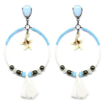 Brincos de Miçangas com Tassel - Azul e Branco