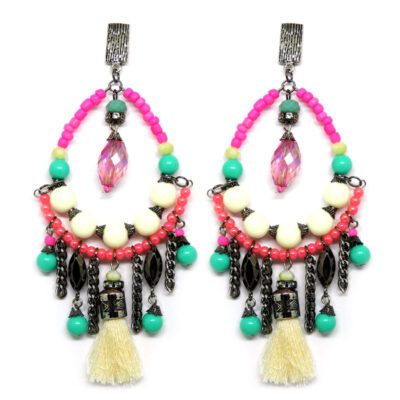 Brincos de Miçangas Rosa Neon e Branco com Tassel