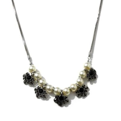 Colar Floral Prata com Strass Preto