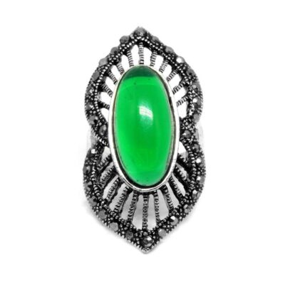 Anel Boho Oval Prata Velha com Verde